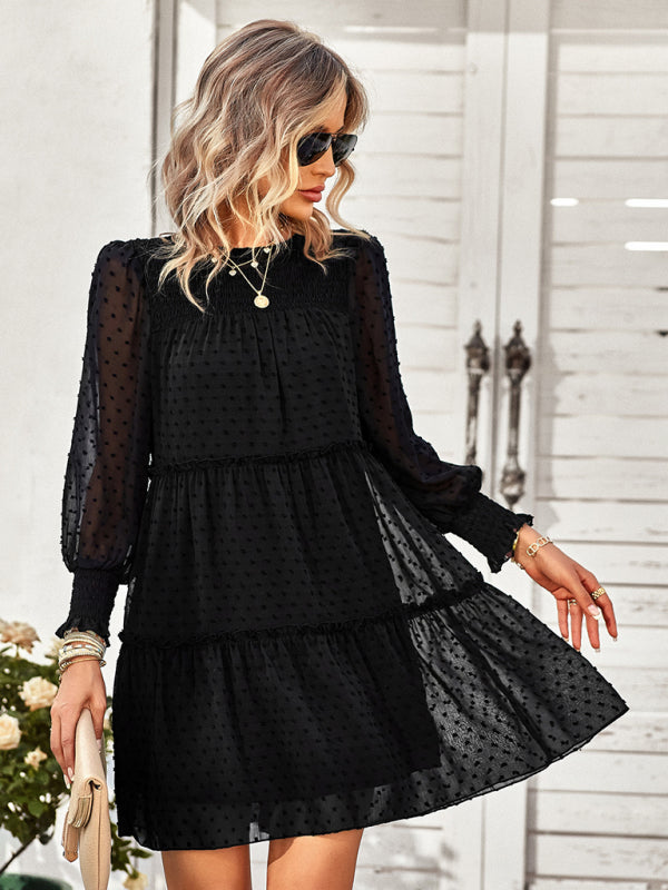 Women's Solid Color Clip Dot Long Sleeve Chiffon Mini Dress