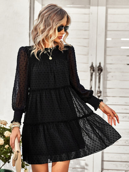 Women's Solid Color Clip Dot Long Sleeve Chiffon Mini Dress