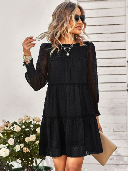 Women's Solid Color Clip Dot Long Sleeve Chiffon Mini Dress