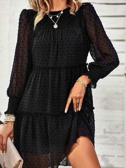 Women's Solid Color Clip Dot Long Sleeve Chiffon Mini Dress