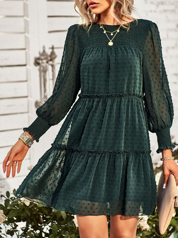 Women's Solid Color Clip Dot Long Sleeve Chiffon Mini Dress