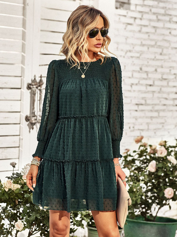 Women's Solid Color Clip Dot Long Sleeve Chiffon Mini Dress
