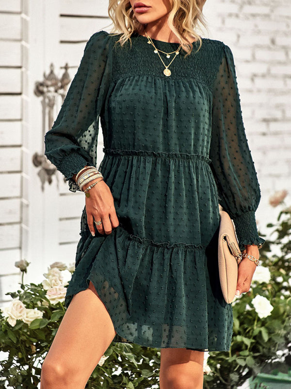 Women's Solid Color Clip Dot Long Sleeve Chiffon Mini Dress