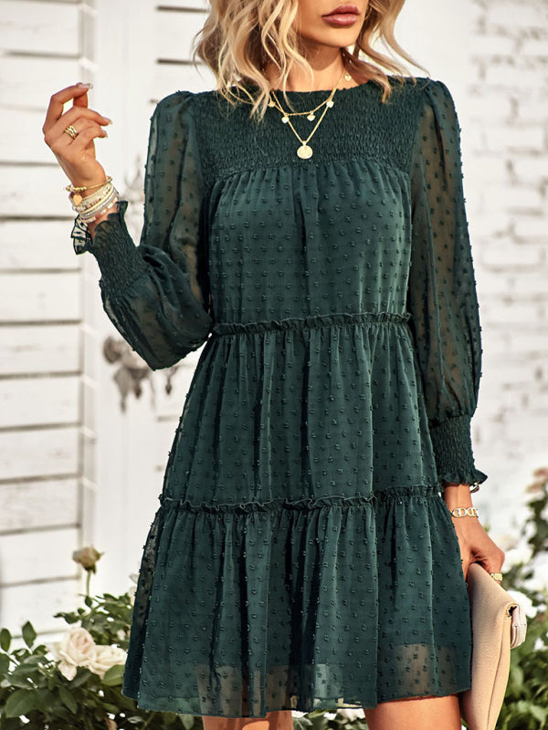 Women's Solid Color Clip Dot Long Sleeve Chiffon Mini Dress