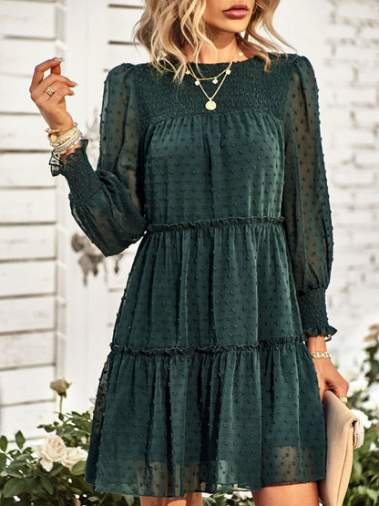 Women's Solid Color Clip Dot Long Sleeve Chiffon Mini Dress