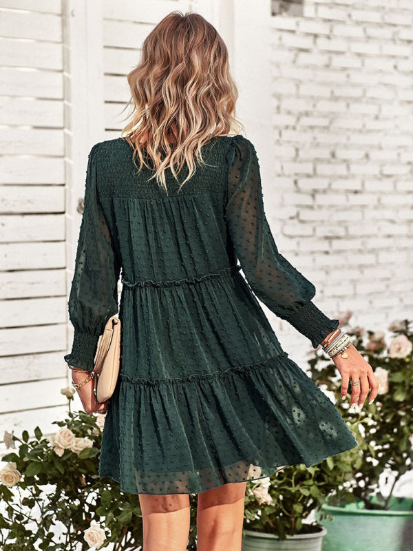 Women's Solid Color Clip Dot Long Sleeve Chiffon Mini Dress