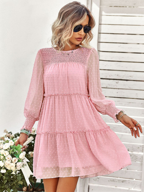 Women's Solid Color Clip Dot Long Sleeve Chiffon Mini Dress