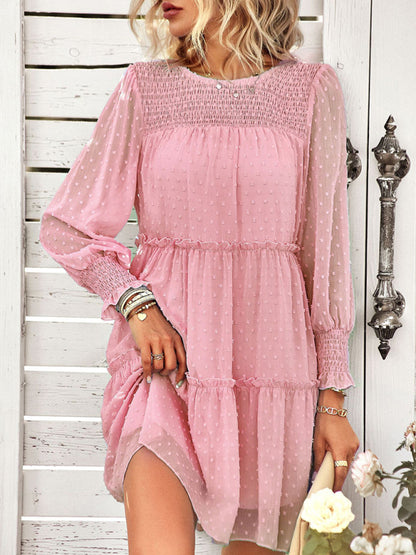 Women's Solid Color Clip Dot Long Sleeve Chiffon Mini Dress