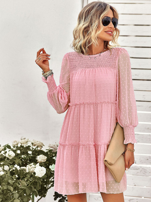 Women's Solid Color Clip Dot Long Sleeve Chiffon Mini Dress