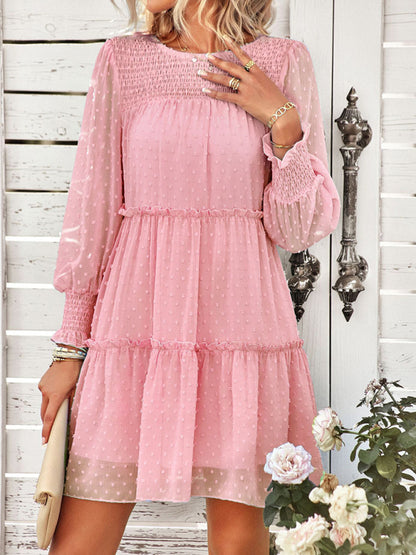 Women's Solid Color Clip Dot Long Sleeve Chiffon Mini Dress