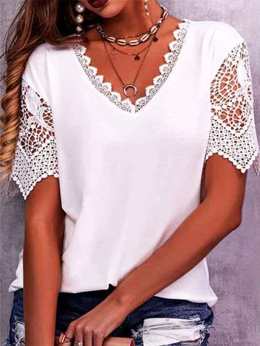 Women's Solid Color Lace Trim Short Sleeve Media Top