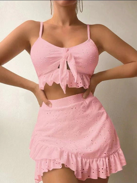 Women's Solid Color Eyelet Tie Front Ruffle Crop Tank With Matching Ruffle Hem Mini Skirt