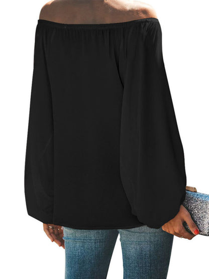 Women's off-shoulder solid color simple lantern sleeve loose long-sleeved top