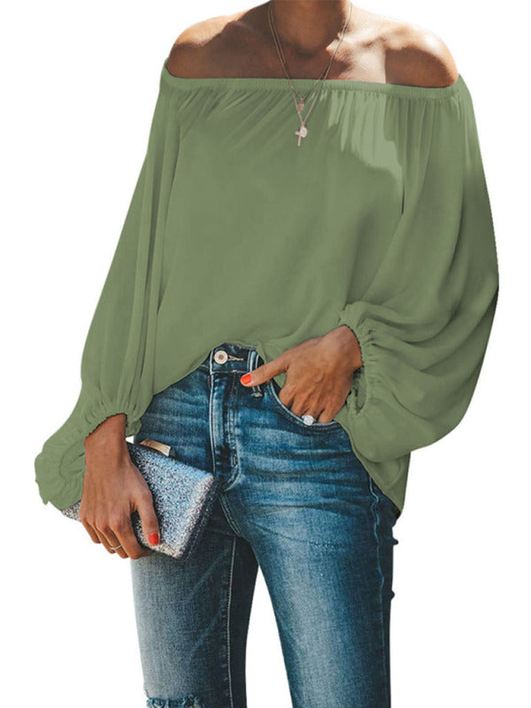 Women's off-shoulder solid color simple lantern sleeve loose long-sleeved top