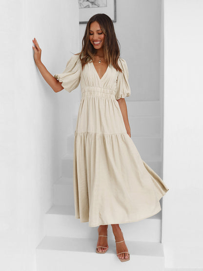 Women's Holiday Style Deep V Puff Sleeve Dress