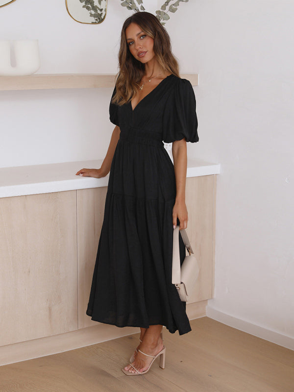 Women's Holiday Style Deep V Puff Sleeve Dress