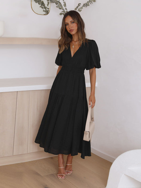 Women's Holiday Style Deep V Puff Sleeve Dress