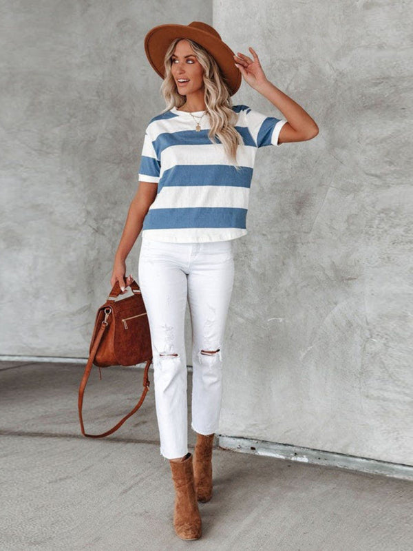 Women's Fashionable blue and white stripe print round neck short-sleeved casual T-shirt