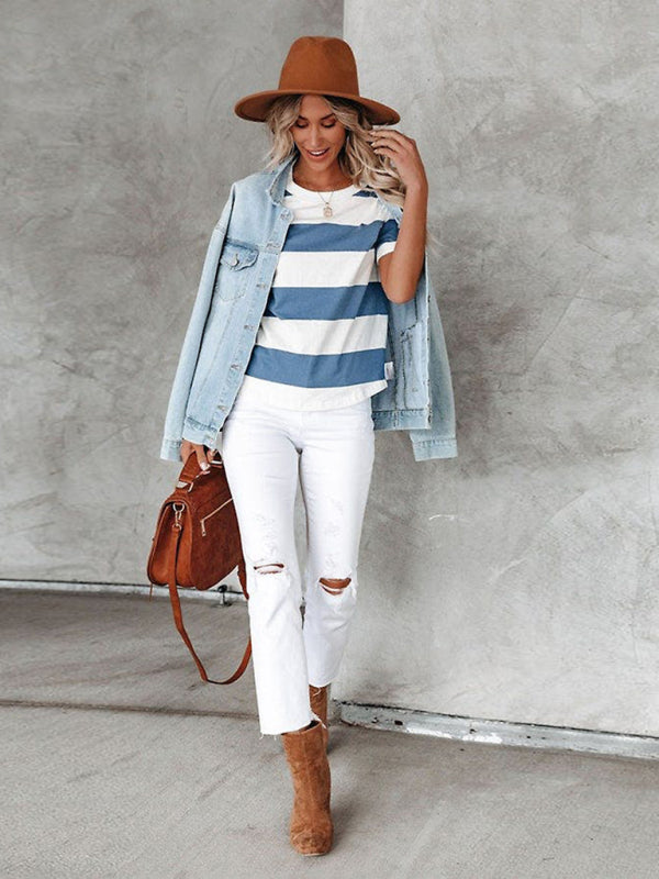 Women's Fashionable blue and white stripe print round neck short-sleeved casual T-shirt