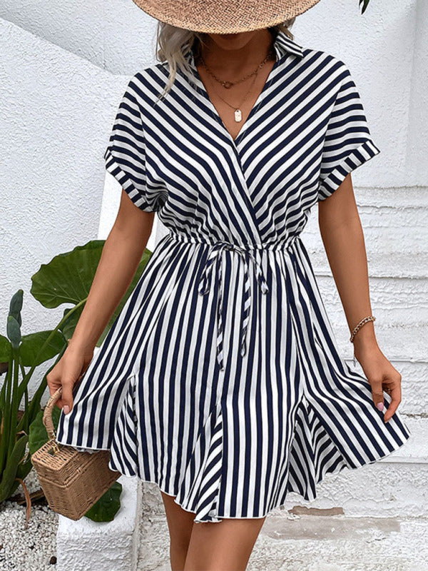 Women's Fashion Ladies Casual Lapel Striped Shirt Dress