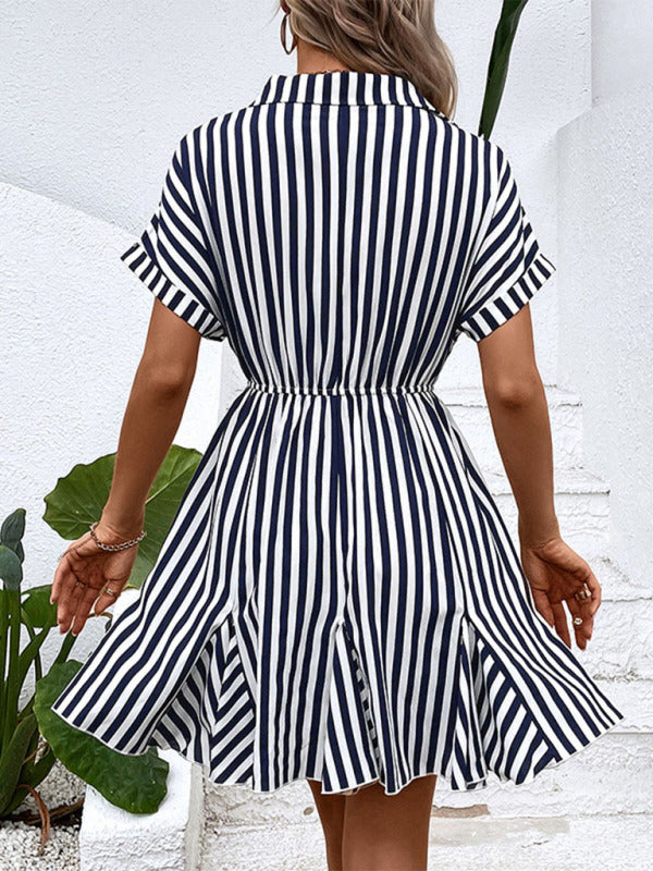 Women's Fashion Ladies Casual Lapel Striped Shirt Dress