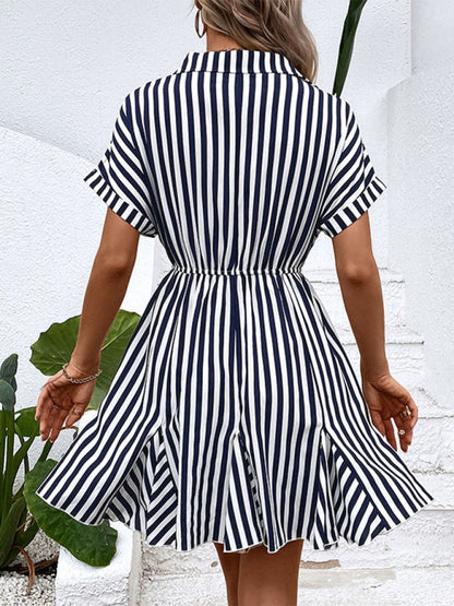 Women's Fashion Ladies Casual Lapel Striped Shirt Dress