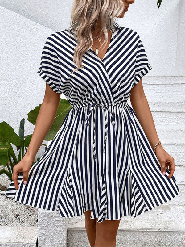 Women's Fashion Ladies Casual Lapel Striped Shirt Dress