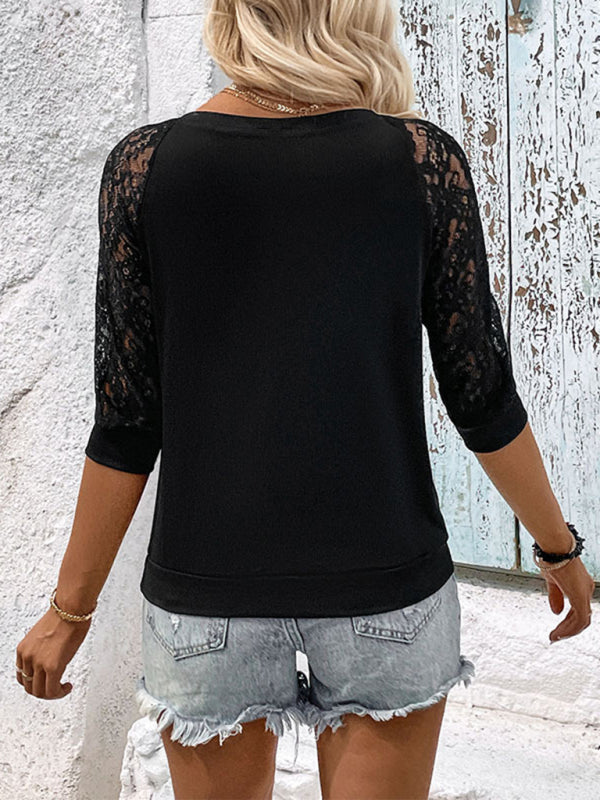 'Chic Black Women's Top with Elegant Lace Stitching – Fashionable and Versatile Casual Wear for Stylish Ladies.