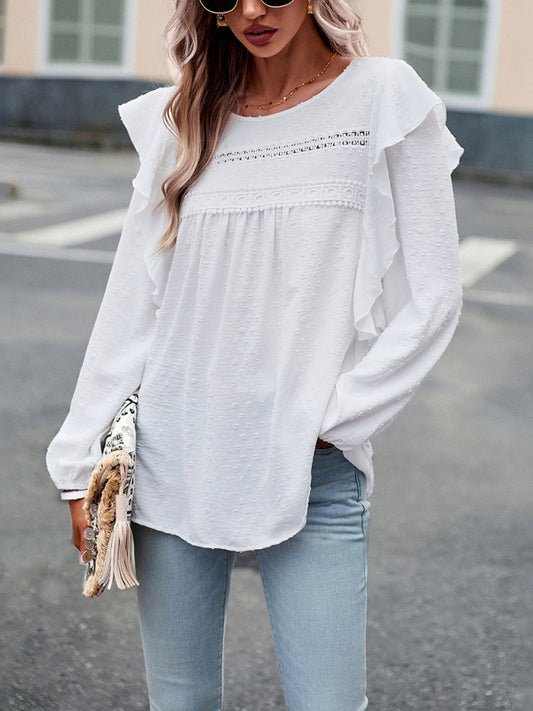 Women's Elegant ruffled lace edge stitching casual long-sleeved blouse
