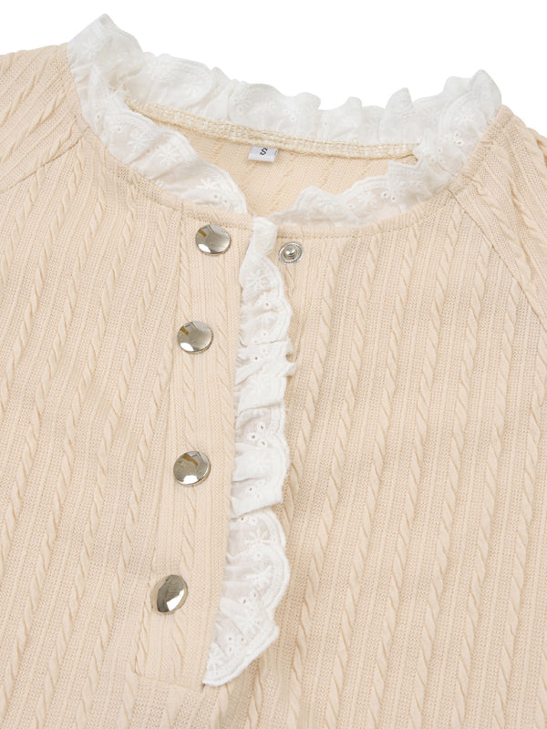 Women's fashion solid color stand collar lace long sleeve top
