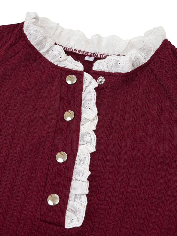 Women's fashion solid color stand collar lace long sleeve top