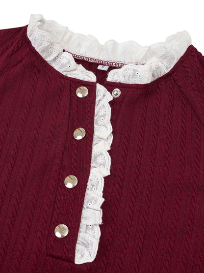 Women's fashion solid color stand collar lace long sleeve top