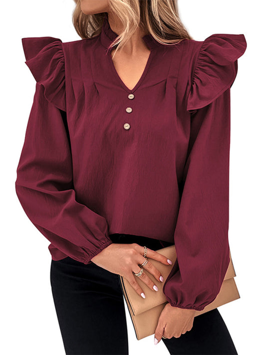 Fashionable Women's Red V-neck Top - Long Sleeve Solid Color Shirt for a Stylish Look - Perfect Wardrobe Addition for Modern Women.'