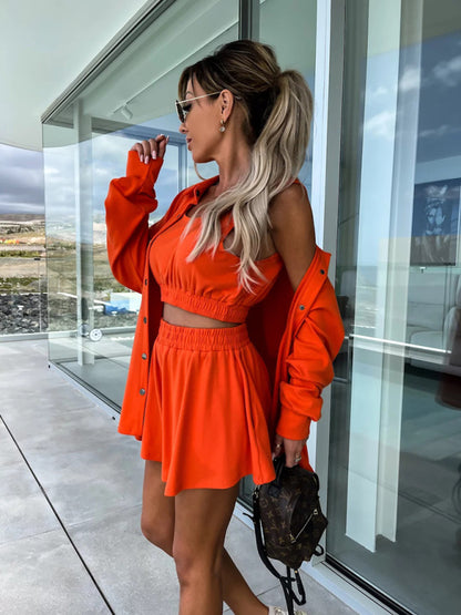 New Women's Casual Three-Piece Suit  Vacation Loose Pocket Shorts Sets