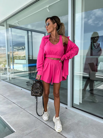 New Women's Casual Three-Piece Suit  Vacation Loose Pocket Shorts Sets