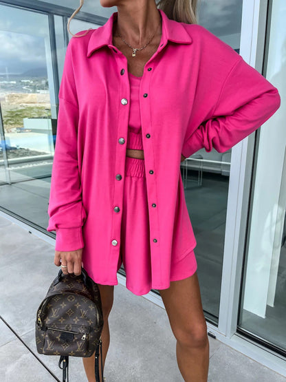 New Women's Casual Three-Piece Suit  Vacation Loose Pocket Shorts Sets