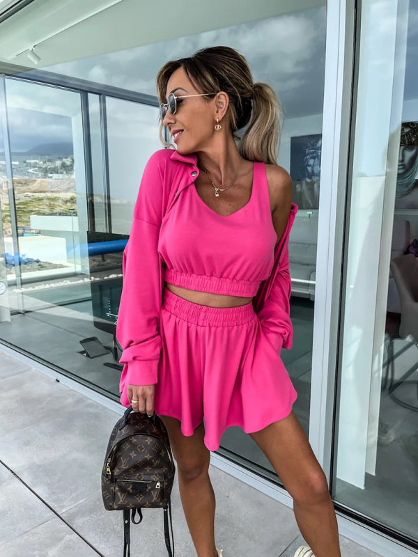 New Women's Casual Three-Piece Suit  Vacation Loose Pocket Shorts Sets