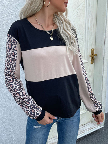 Women's Fashion Loose Casual Top Leopard Stitching Long Sleeve T-Shirt