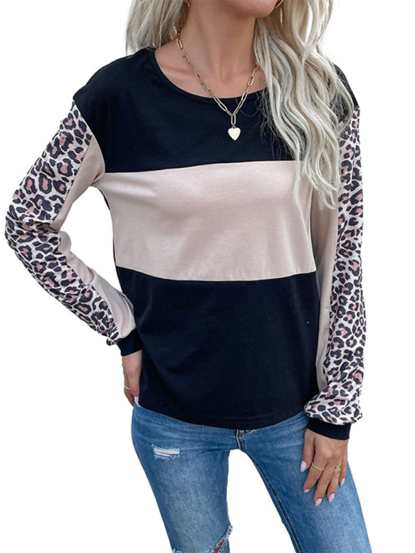 Women's Fashion Loose Casual Top Leopard Stitching Long Sleeve T-Shirt