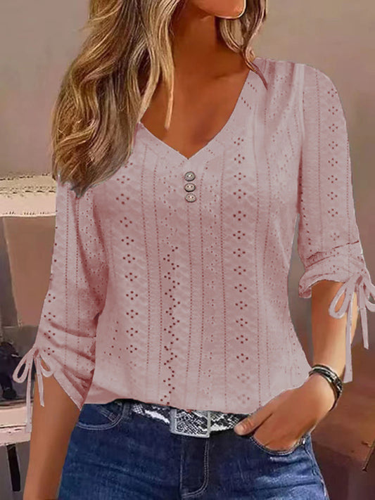 Elegant Solid Color Jacquard Button Long Sleeve Women's T-Shirt – New Arrival Fashion for a Stylish Look.