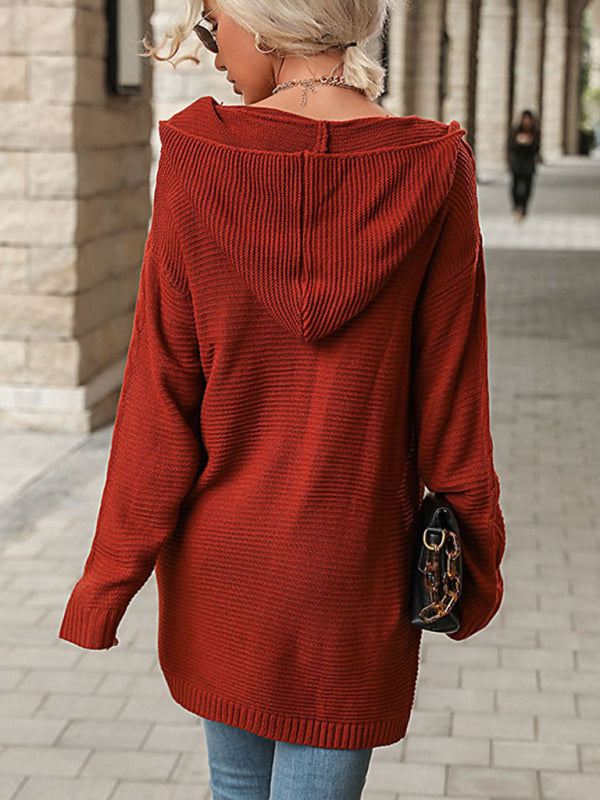 Women's Red Long Sleeve Hooded Cardigan Jacket