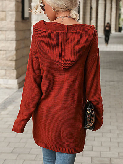 Women's Red Long Sleeve Hooded Cardigan Jacket