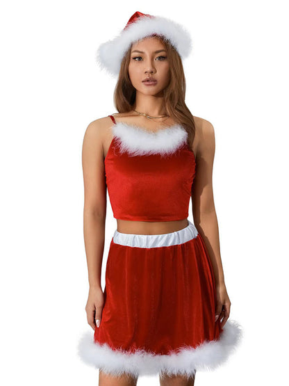 Women's off-shoulder Christmas red suspender feather Christmas skirt (including hat)