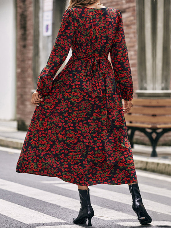 Women's autumn winter long sleeve printed dress long skirt