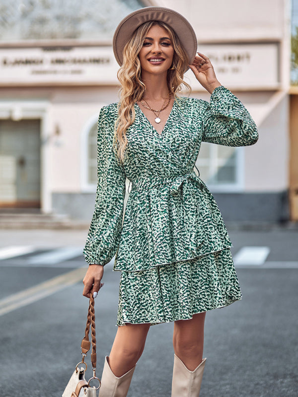 Women's Printed V-neck tie waist long-sleeved dress