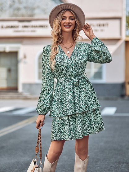 Women's Printed V-neck tie waist long-sleeved dress