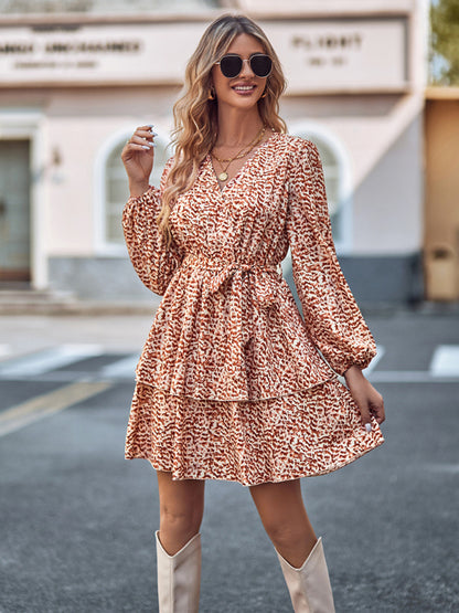 Women's Printed V-neck tie waist long-sleeved dress