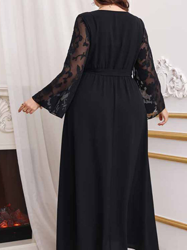 Women's plus size high waist black polka dot patchwork dress