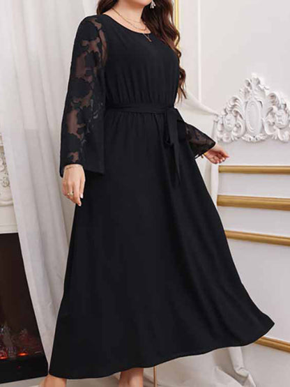 Women's plus size high waist black polka dot patchwork dress