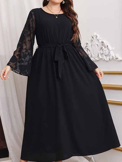 Women's plus size high waist black polka dot patchwork dress
